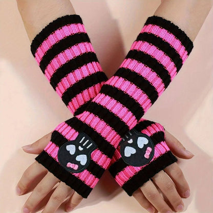 Chic Skull Embroidered Striped Knit Arm Sleeves - Elastic, Fashionable Long Gloves for Women SS69