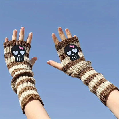 Chic Skull Embroidered Striped Knit Arm Sleeves - Elastic, Fashionable Long Gloves for Women SS69