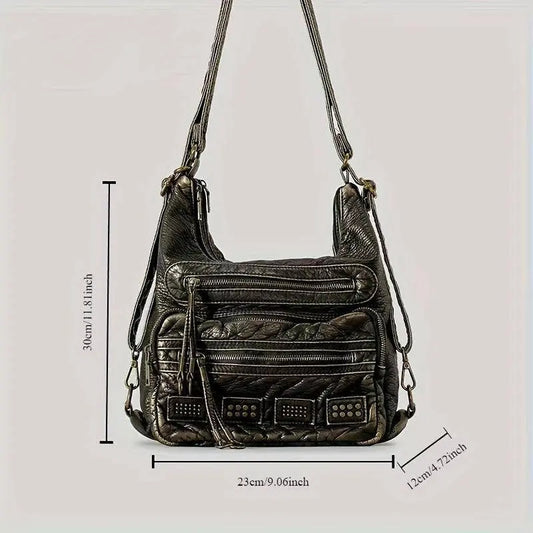 Chic Vintage-Inspired Women's Crossbody Bag - Soft Faux Leather, Multi-Pocket Design with Zip Closure for Everyday & Work SS69