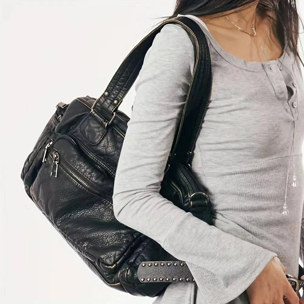 Chic Vintage-Inspired Women's Crossbody Bag - Soft Faux Leather, Multi-Pocket Design with Zip Closure for Everyday & Work SS69