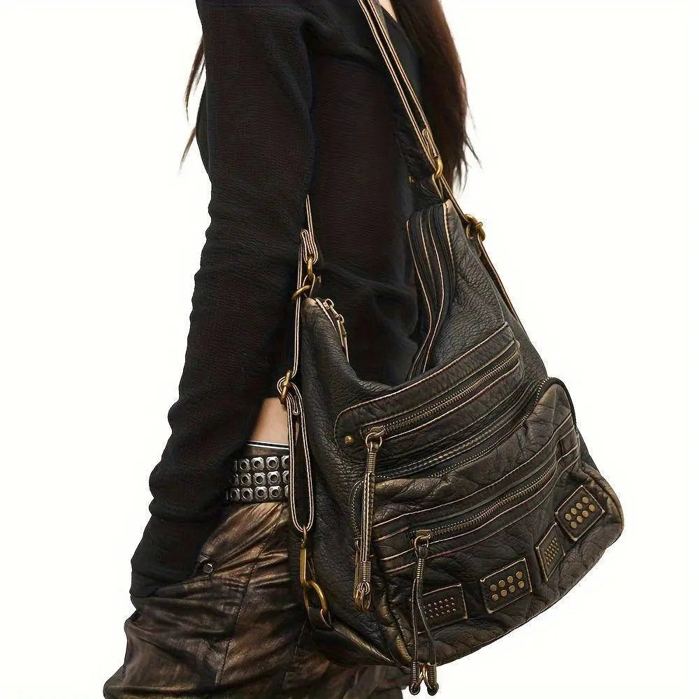 Chic Vintage-Inspired Women's Crossbody Bag - Soft Faux Leather, Multi-Pocket Design with Zip Closure for Everyday & Work SS69