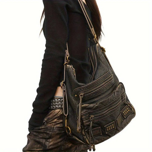 Chic Vintage-Inspired Women's Crossbody Bag - Soft Faux Leather, Multi-Pocket Design with Zip Closure for Everyday & Work SS69