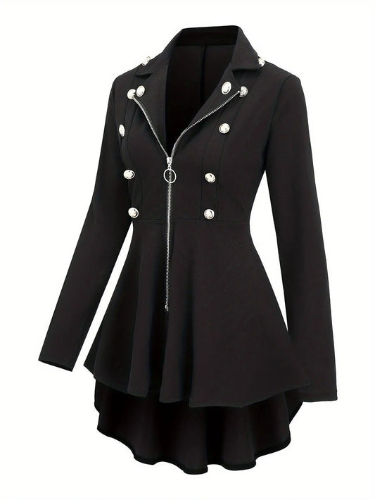 Chic Vintage-Inspired Women's Jacket - Polyester, Machine Washable, Non-Sheer, Solid Color with Zipper Detail, Long Sleeve, Lapel Collar, Perfect for Spring/Fall - Available in Black & White SS69