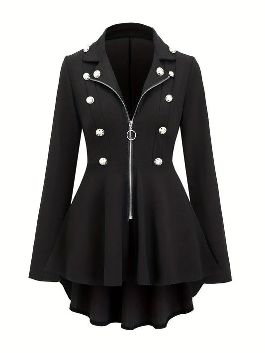 Chic Vintage-Inspired Women's Jacket - Polyester, Machine Washable, Non-Sheer, Solid Color with Zipper Detail, Long Sleeve, Lapel Collar, Perfect for Spring/Fall - Available in Black & White SS69