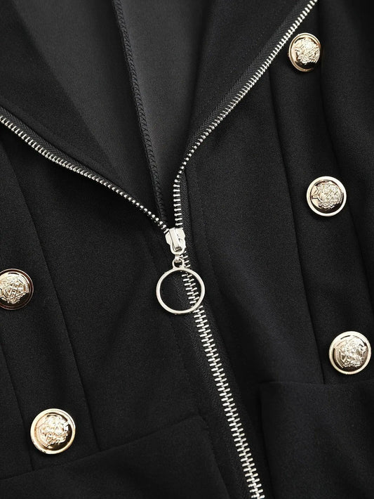 Chic Vintage-Inspired Women's Jacket - Polyester, Machine Washable, Non-Sheer, Solid Color with Zipper Detail, Long Sleeve, Lapel Collar, Perfect for Spring/Fall - Available in Black & White SS69