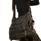 Chic Vintage Rivet Tote Bag for Women - Spacious Multi-Pocket Crossbody with Detachable Strap, Faux Leather SS69