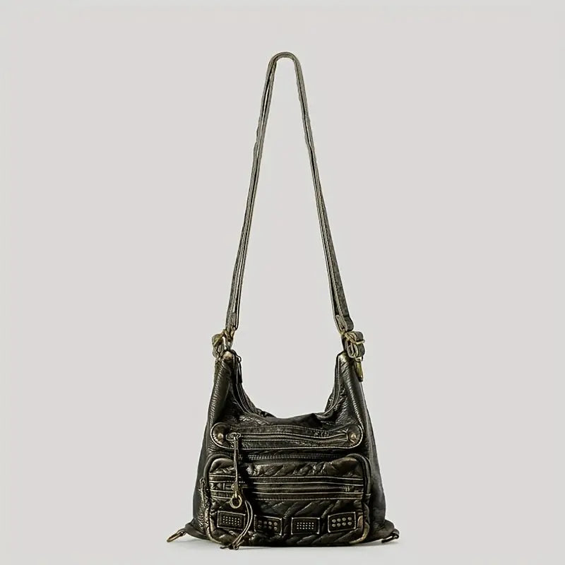 Chic Vintage Rivet Tote Bag for Women - Spacious Multi-Pocket Crossbody with Detachable Strap, Faux Leather SS69
