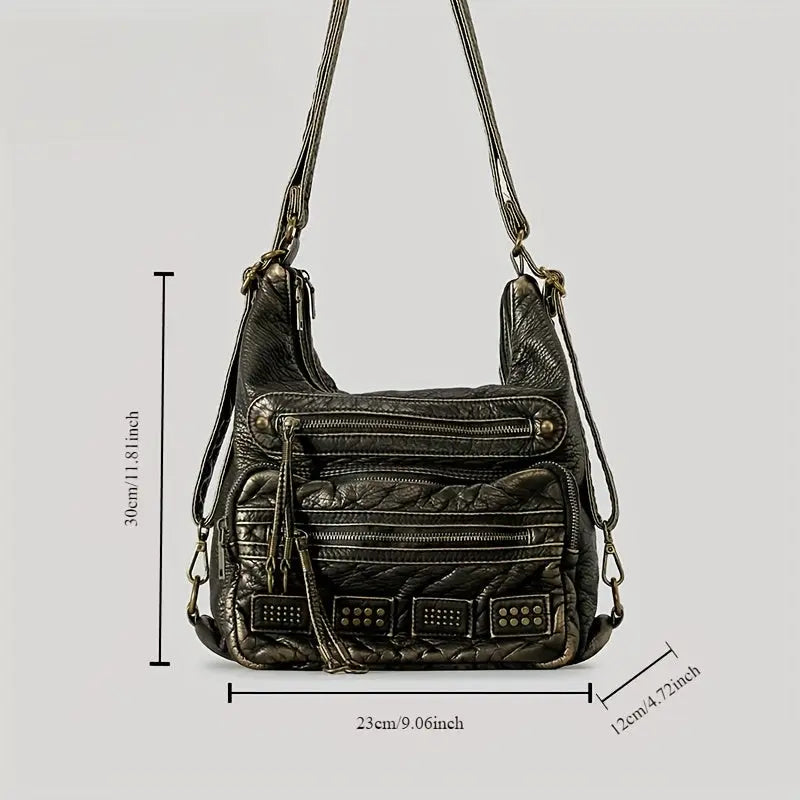 Chic Vintage Rivet Tote Bag for Women - Spacious Multi-Pocket Crossbody with Detachable Strap, Faux Leather SS69