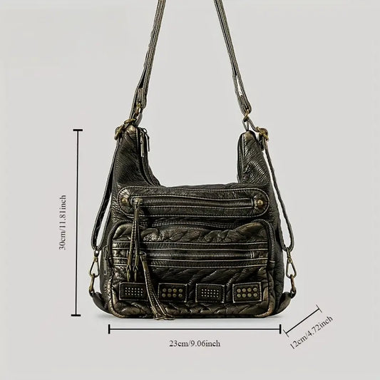 Chic Vintage Rivet Tote Bag for Women - Spacious Multi-Pocket Crossbody with Detachable Strap, Faux Leather SS69