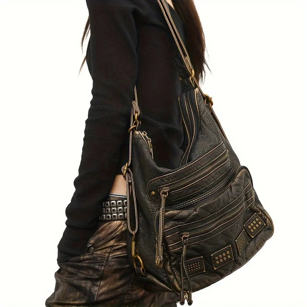 Chic Vintage Rivet Tote Bag for Women - Spacious Multi-Pocket Crossbody with Detachable Strap, Faux Leather SS69 57.69 Black