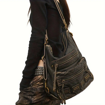 Chic Vintage Rivet Tote Bag for Women - Spacious Multi-Pocket Crossbody with Detachable Strap, Faux Leather SS69 57.69 Black