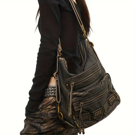Chic Vintage Rivet Tote Bag for Women - Spacious Multi-Pocket Crossbody with Detachable Strap, Faux Leather SS69 57.69 Black