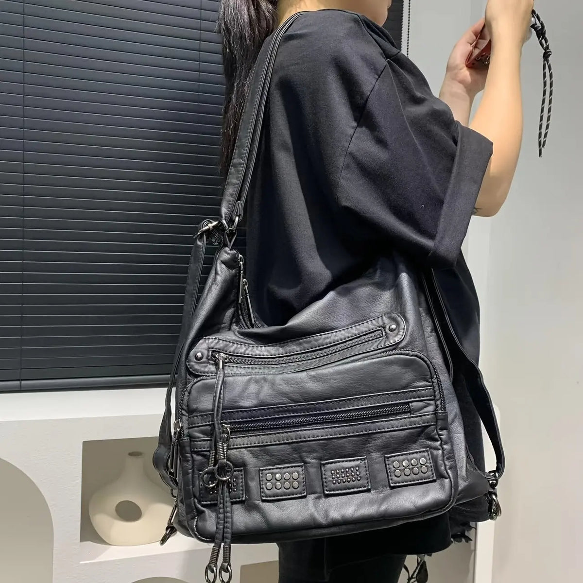 Chic Vintage Rivet Tote Bag for Women - Spacious Multi-Pocket Crossbody with Detachable Strap, Faux Leather SS69 57.69 Black-2