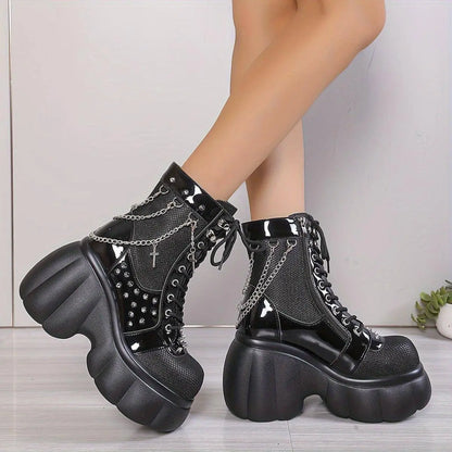 Chic Women's Fleece-Lined Platform Ankle Boots - Comfortable Side Zip Wedge Heels, Versatile Black Short Boots for Fall & Winter - SS69