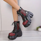 Chic Women's Fleece-Lined Platform Ankle Boots - Comfortable Side Zip Wedge Heels, Versatile Black Short Boots for Fall & Winter - SS69
