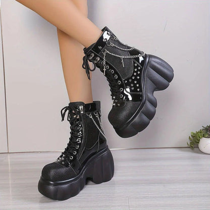 Chic Women's Fleece-Lined Platform Ankle Boots - Comfortable Side Zip Wedge Heels, Versatile Black Short Boots for Fall & Winter - SS69