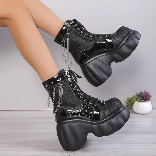 Chic Women's Fleece-Lined Platform Ankle Boots - Comfortable Side Zip Wedge Heels, Versatile Black Short Boots for Fall & Winter - SS69