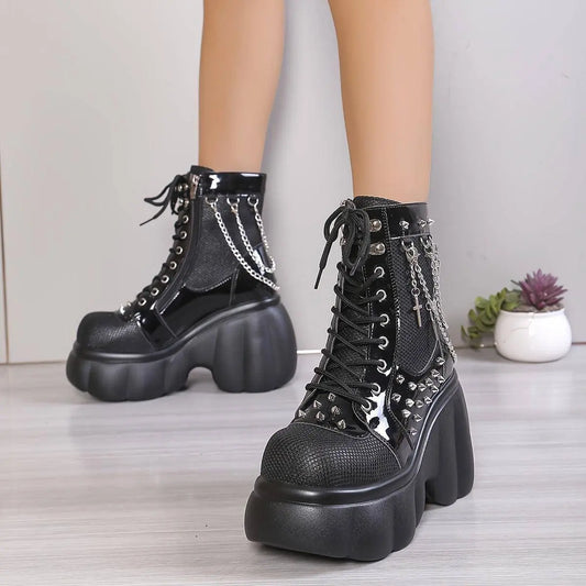 Chic Women's Fleece-Lined Platform Ankle Boots - Comfortable Side Zip Wedge Heels, Versatile Black Short Boots for Fall & Winter - SS69