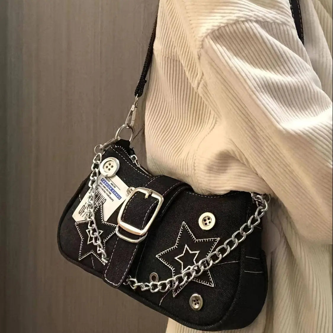 Chic Y2K Denim Shoulder Bag with Star Accents, Secure Zip Closure & Durable Polyester Lining - Fashionable Chain Detail, Embroidered Design, Lightweight - 23.01x7.01x13.0 cm - SS69