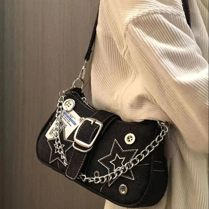 Chic Y2K Denim Shoulder Bag with Star Accents, Secure Zip Closure & Durable Polyester Lining - Fashionable Chain Detail, Embroidered Design, Lightweight - 23.01x7.01x13.0 cm - SS69