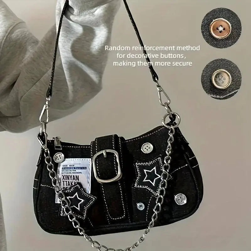 Chic Y2K Denim Shoulder Bag with Star Accents, Secure Zip Closure & Durable Polyester Lining - Fashionable Chain Detail, Embroidered Design, Lightweight - 23.01x7.01x13.0 cm - SS69