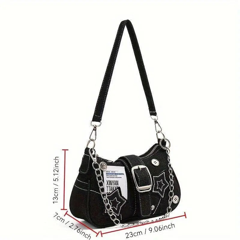 Chic Y2K Denim Shoulder Bag with Star Accents, Secure Zip Closure & Durable Polyester Lining - Fashionable Chain Detail, Embroidered Design, Lightweight - 23.01x7.01x13.0 cm - SS69