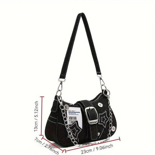 Chic Y2K Denim Shoulder Bag with Star Accents, Secure Zip Closure & Durable Polyester Lining - Fashionable Chain Detail, Embroidered Design, Lightweight - 23.01x7.01x13.0 cm - SS69