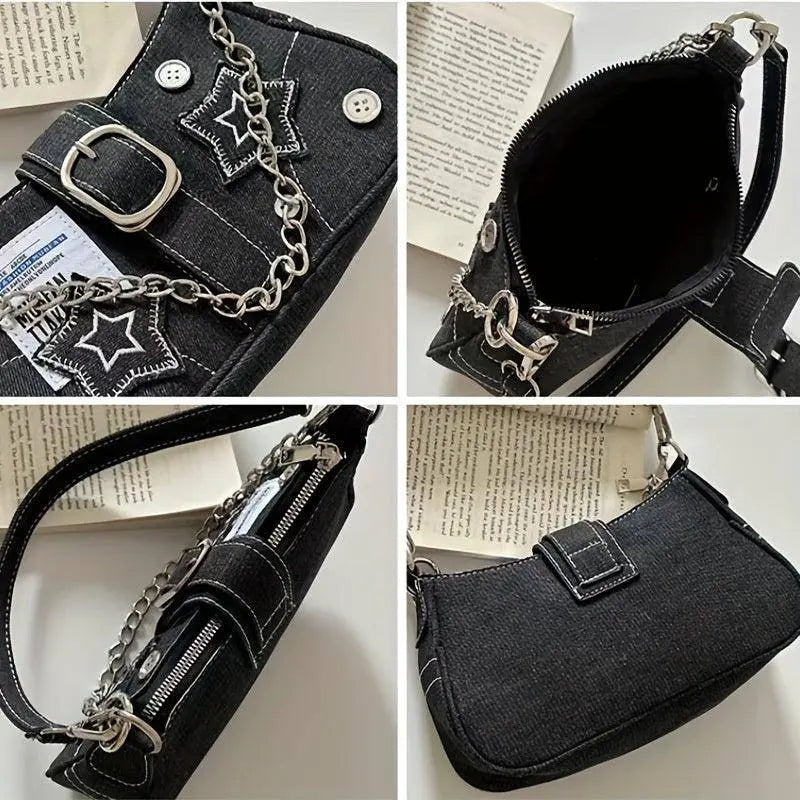 Chic Y2K Denim Shoulder Bag with Star Accents, Secure Zip Closure & Durable Polyester Lining - Fashionable Chain Detail, Embroidered Design, Lightweight - 23.01x7.01x13.0 cm - SS69