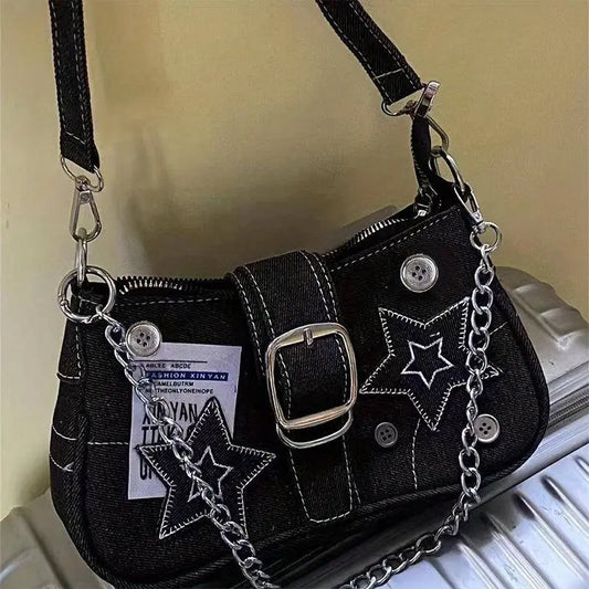 Chic Y2K Denim Shoulder Bag with Star Accents, Secure Zip Closure & Durable Polyester Lining - Fashionable Chain Detail, Embroidered Design, Lightweight - 23.01x7.01x13.0 cm - SS69