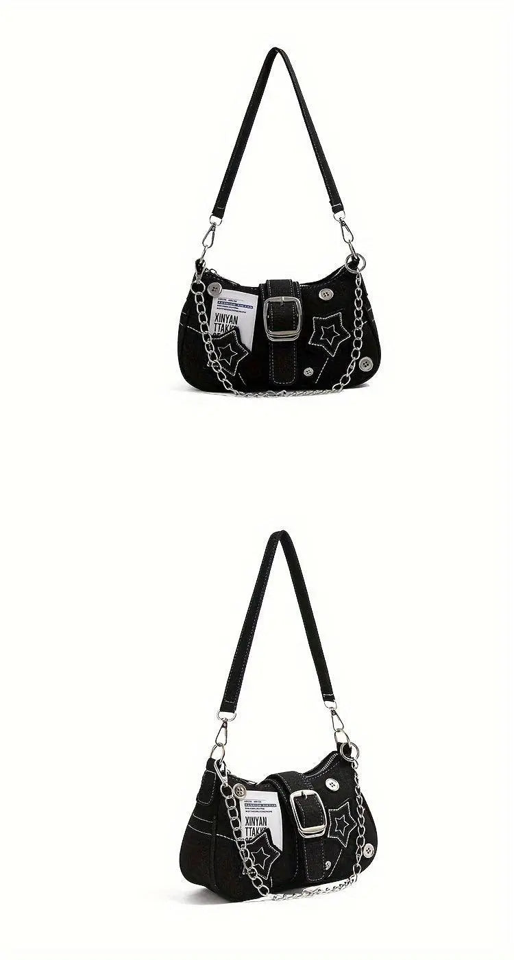 Chic Y2K Denim Shoulder Bag with Star Accents, Secure Zip Closure & Durable Polyester Lining - Fashionable Chain Detail, Embroidered Design, Lightweight - 23.01x7.01x13.0 cm - SS69