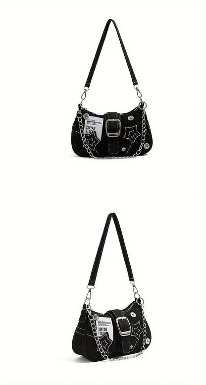 Chic Y2K Denim Shoulder Bag with Star Accents, Secure Zip Closure & Durable Polyester Lining - Fashionable Chain Detail, Embroidered Design, Lightweight - 23.01x7.01x13.0 cm - SS69