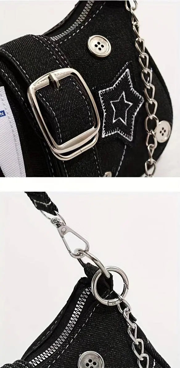 Chic Y2K Denim Shoulder Bag with Star Accents, Secure Zip Closure & Durable Polyester Lining - Fashionable Chain Detail, Embroidered Design, Lightweight - 23.01x7.01x13.0 cm - SS69
