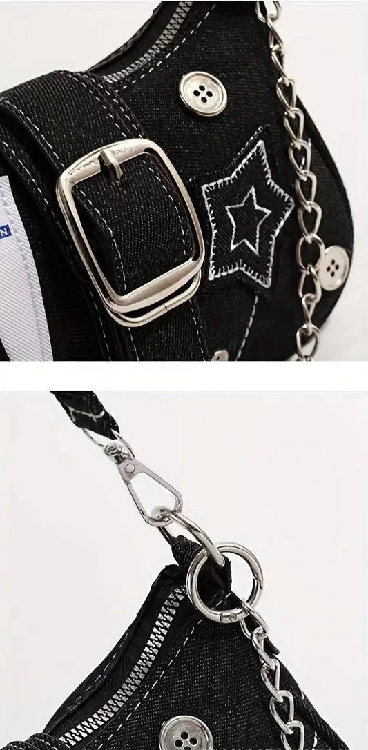 Chic Y2K Denim Shoulder Bag with Star Accents, Secure Zip Closure & Durable Polyester Lining - Fashionable Chain Detail, Embroidered Design, Lightweight - 23.01x7.01x13.0 cm - SS69