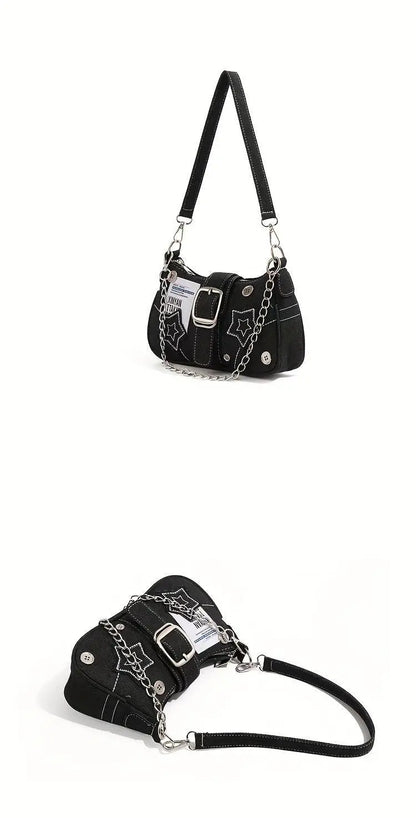 Chic Y2K Denim Shoulder Bag with Star Accents, Secure Zip Closure & Durable Polyester Lining - Fashionable Chain Detail, Embroidered Design, Lightweight - 23.01x7.01x13.0 cm - SS69