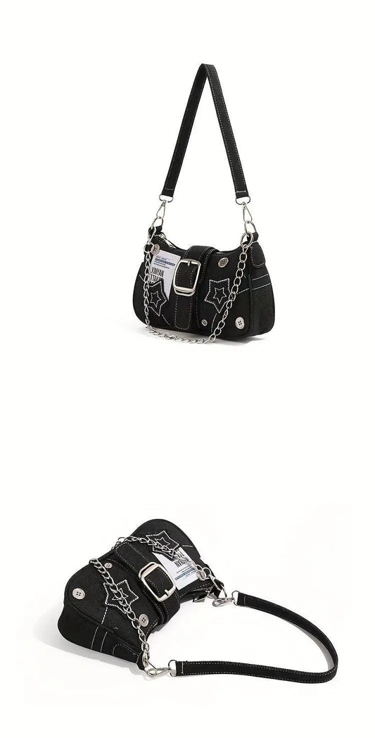 Chic Y2K Denim Shoulder Bag with Star Accents, Secure Zip Closure & Durable Polyester Lining - Fashionable Chain Detail, Embroidered Design, Lightweight - 23.01x7.01x13.0 cm - SS69