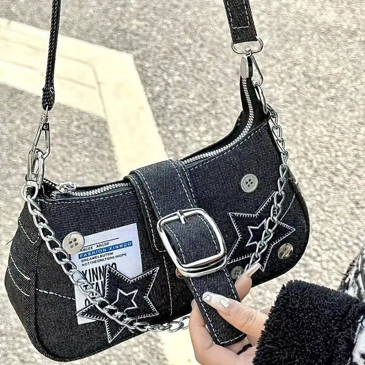 Chic Y2K Denim Shoulder Bag with Star Accents, Secure Zip Closure & Durable Polyester Lining - Fashionable Chain Detail, Embroidered Design, Lightweight - 23.01x7.01x13.0 cm - SS69