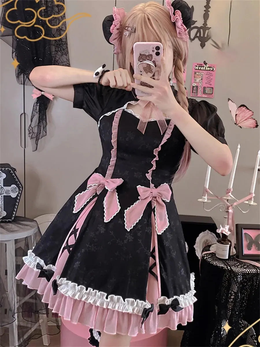 Chinese Style Sweet Girl Lolita Op Cheongsam Lovely Lace Bow Print Cherry Blossom Pearl Button Bubble Sleeve Ruffled Dress - SS69