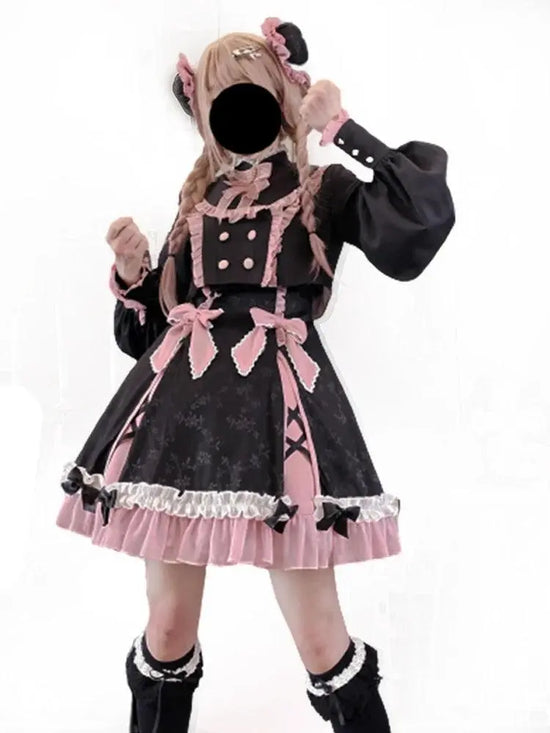 Chinese Style Sweet Girl Lolita Op Cheongsam Lovely Lace Bow Print Cherry Blossom Pearl Button Bubble Sleeve Ruffled Dress - SS69