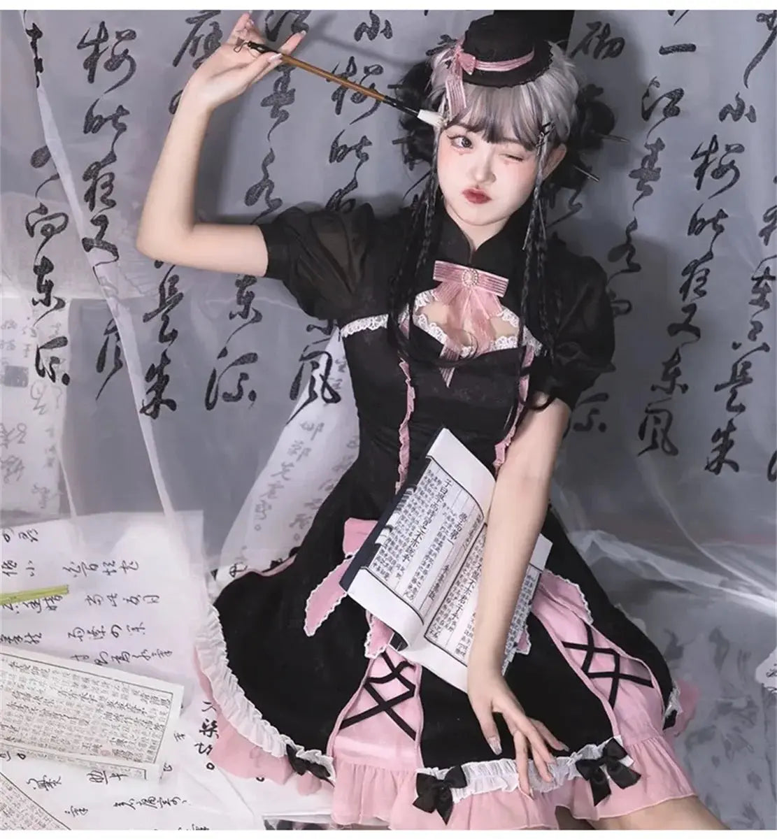 Chinese Style Sweet Girl Lolita Op Cheongsam Lovely Lace Bow Print Cherry Blossom Pearl Button Bubble Sleeve Ruffled Dress - SS69