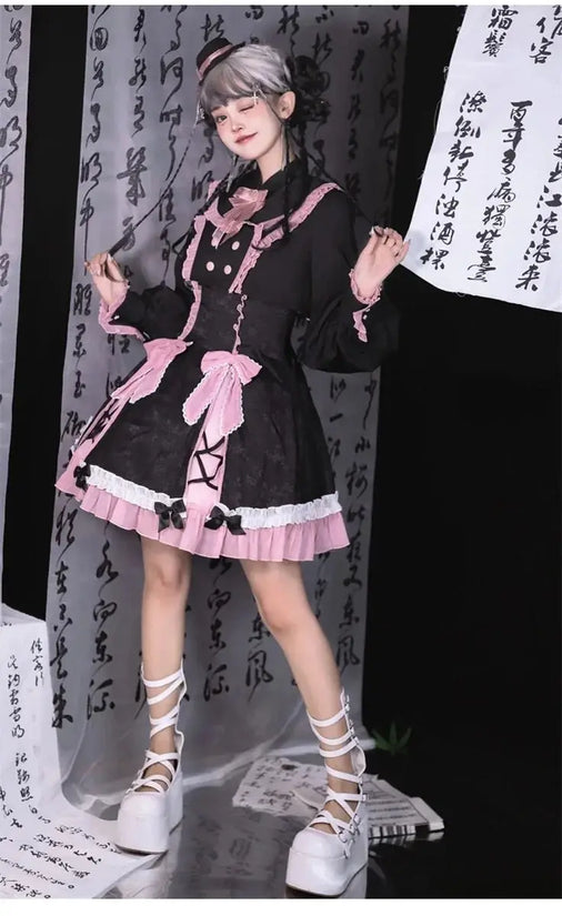 Chinese Style Sweet Girl Lolita Op Cheongsam Lovely Lace Bow Print Cherry Blossom Pearl Button Bubble Sleeve Ruffled Dress - SS69