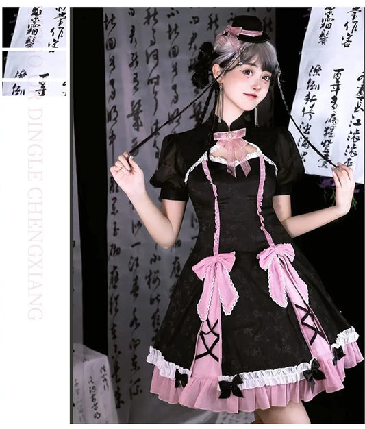 Chinese Style Sweet Girl Lolita Op Cheongsam Lovely Lace Bow Print Cherry Blossom Pearl Button Bubble Sleeve Ruffled Dress - SS69
