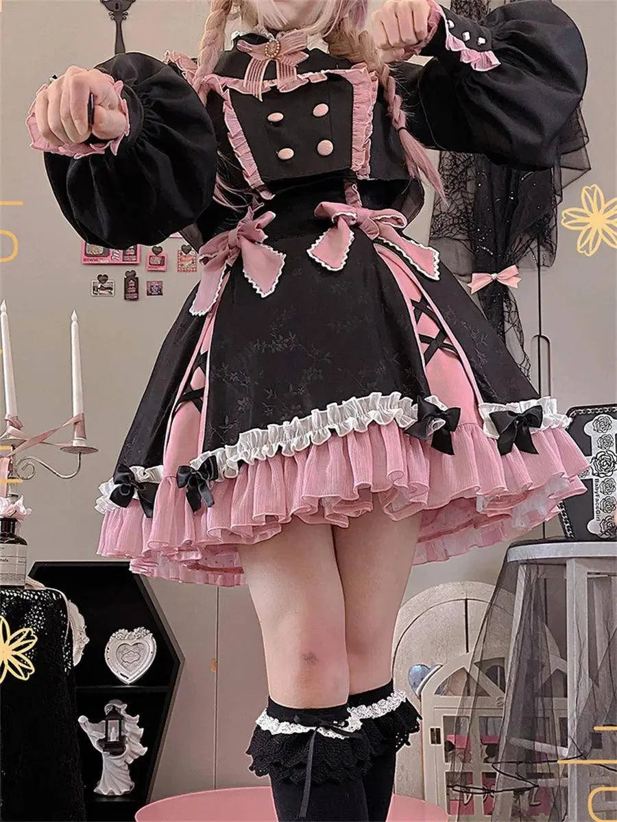 Chinese Style Sweet Girl Lolita Op Cheongsam Lovely Lace Bow Print Cherry Blossom Pearl Button Bubble Sleeve Ruffled Dress - SS69