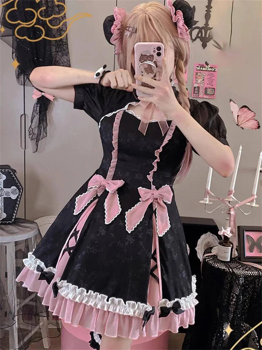 Chinese Style Sweet Girl Lolita Op Cheongsam Lovely Lace Bow Print Cherry Blossom Pearl Button Bubble Sleeve Ruffled Dress - SS69