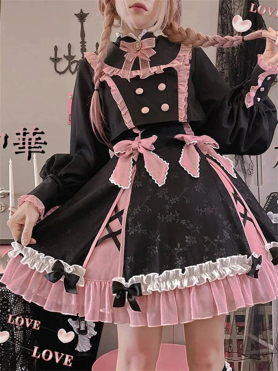 Chinese Style Sweet Girl Lolita Op Cheongsam Lovely Lace Bow Print Cherry Blossom Pearl Button Bubble Sleeve Ruffled Dress - SS69