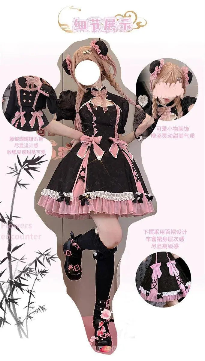 Chinese Style Sweet Girl Lolita Op Cheongsam Lovely Lace Bow Print Cherry Blossom Pearl Button Bubble Sleeve Ruffled Dress - SS69