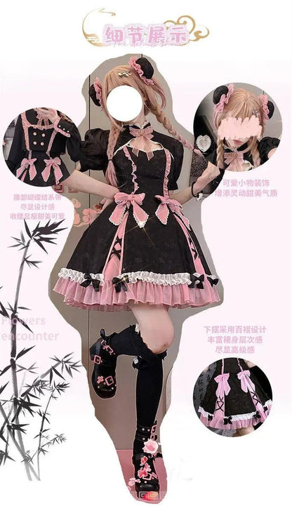 Chinese Style Sweet Girl Lolita Op Cheongsam Lovely Lace Bow Print Cherry Blossom Pearl Button Bubble Sleeve Ruffled Dress - SS69