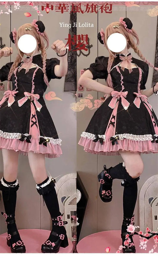 Chinese Style Sweet Girl Lolita Op Cheongsam Lovely Lace Bow Print Cherry Blossom Pearl Button Bubble Sleeve Ruffled Dress - SS69