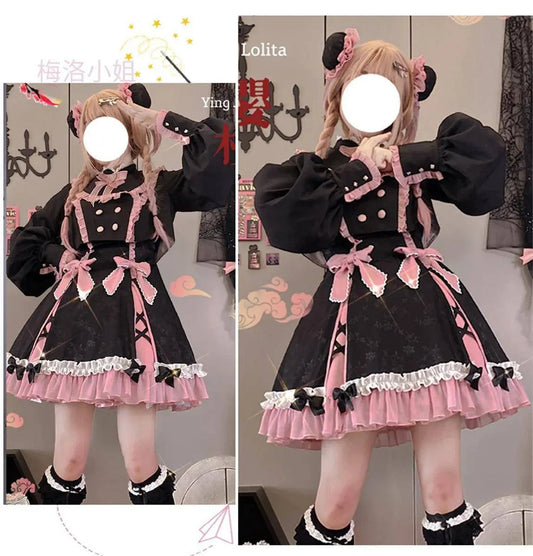 Chinese Style Sweet Girl Lolita Op Cheongsam Lovely Lace Bow Print Cherry Blossom Pearl Button Bubble Sleeve Ruffled Dress - SS69