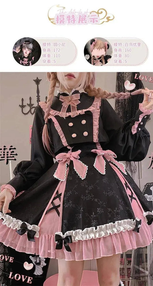 Chinese Style Sweet Girl Lolita Op Cheongsam Lovely Lace Bow Print Cherry Blossom Pearl Button Bubble Sleeve Ruffled Dress - SS69