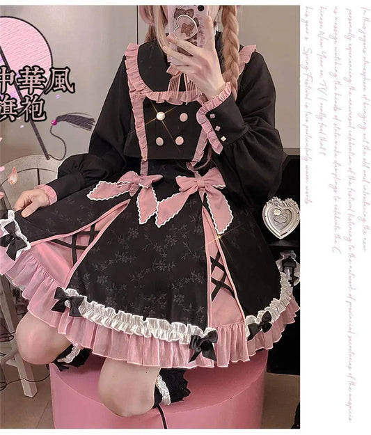 Chinese Style Sweet Girl Lolita Op Cheongsam Lovely Lace Bow Print Cherry Blossom Pearl Button Bubble Sleeve Ruffled Dress - SS69